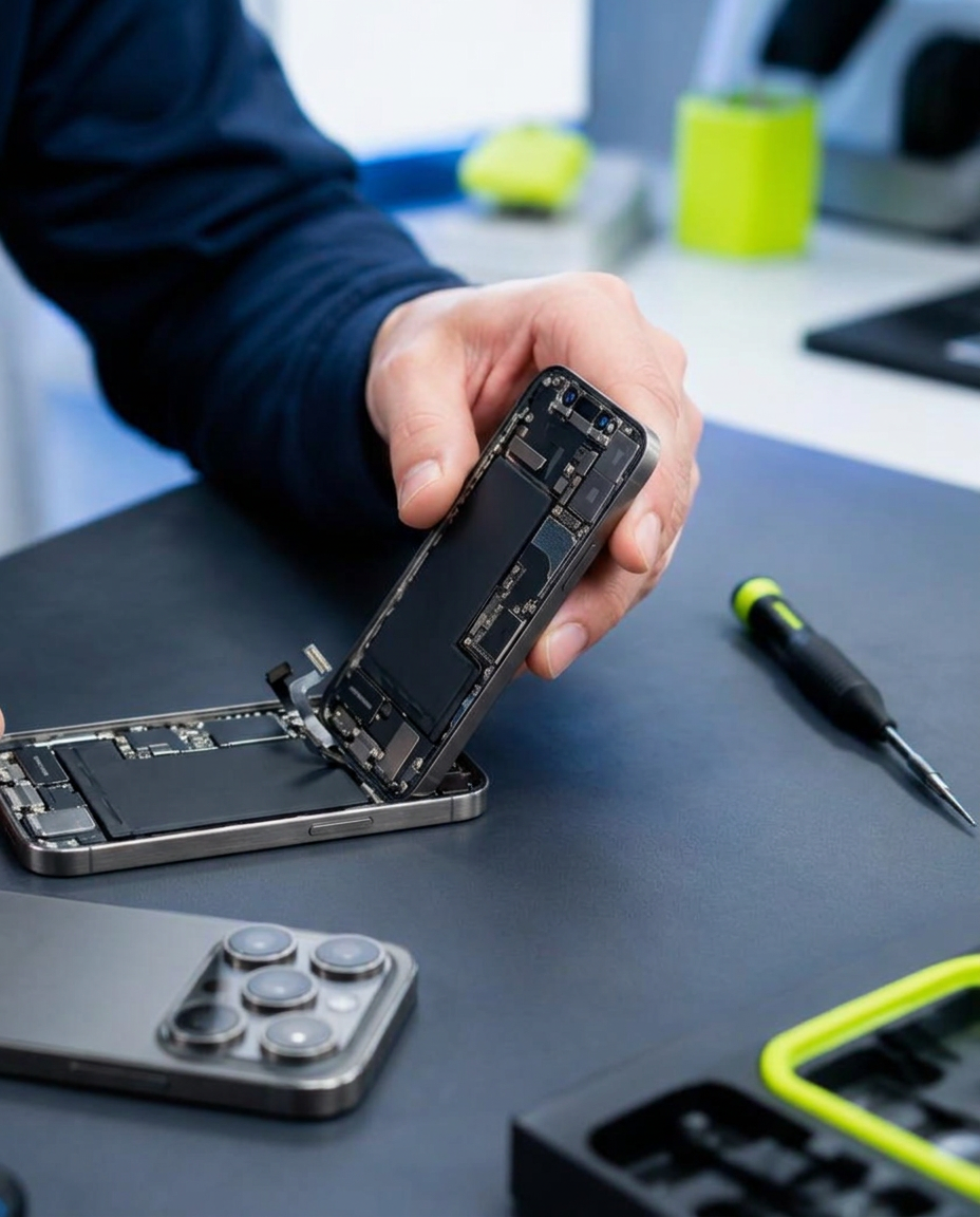 Technician replacing the screen of a modern flagship smartphone